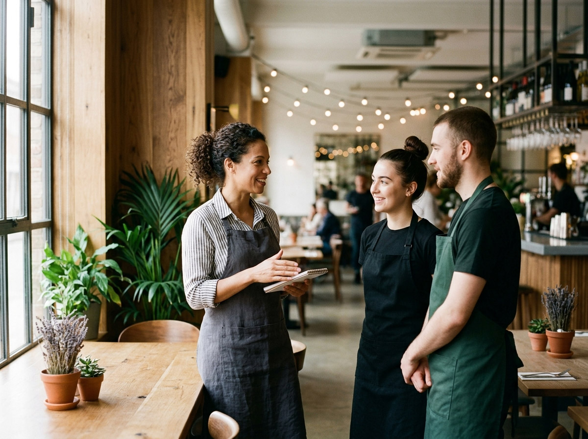A cafe manager talking with two staff members during a shift in a busy Australian venue